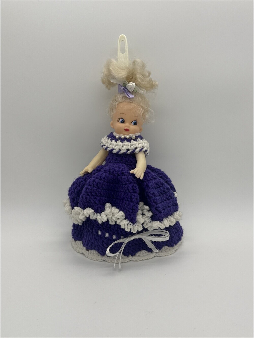 Vintage Handmade Crochet Feather Duster Doll Purple White Dress Kitsch Decor